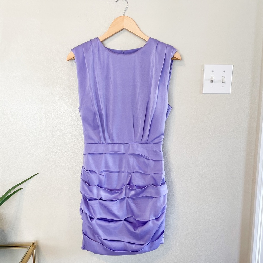 Do + Be Sleeveless Shoulder Pad Ruched Bodycon Satin Mini Dress